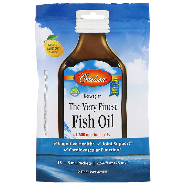 Carlson Labs, The Very Finest Fish Oil, Natural Lemon, 1,600 mg, 15 Packets, 5 ml Each