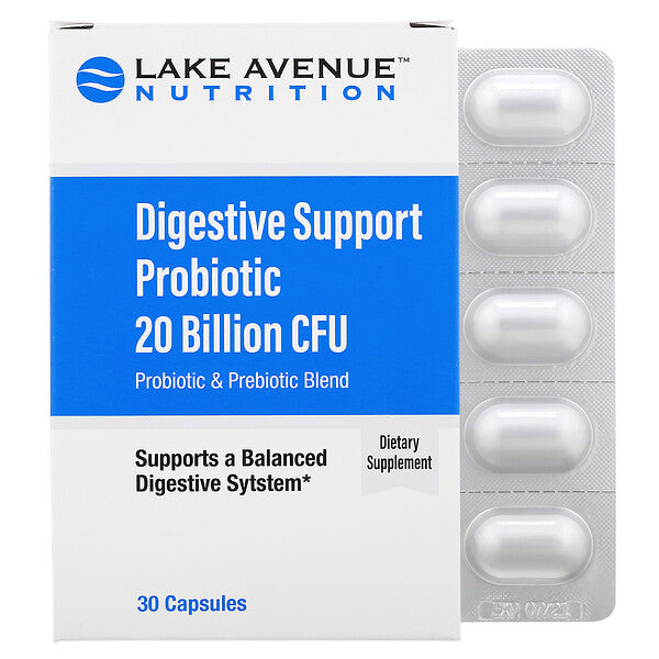 Lake Avenue Nutrition, Digestive Support Probiotic, Probiotic & Prebiotic Blend, 20 Billion CFUs, 30 Capsules