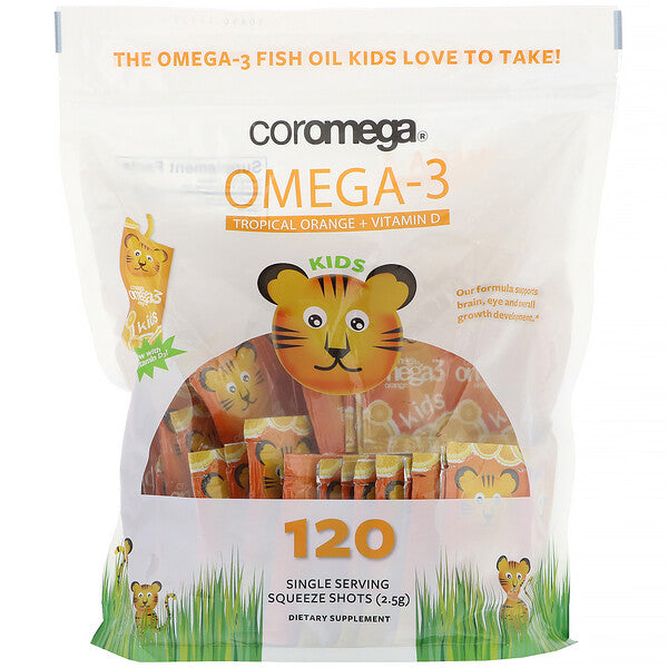 Coromega, Omega-3, Kids, Tropical Orange + Vitamin D, 120 Single Serving Squeeze Shots