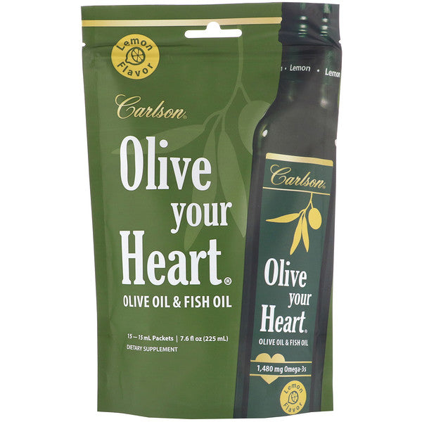 Carlson Labs, Olive Your Heart, Olive Oil & Fish Oil, Lemon Flavor, 1,480 mg, 15 Packets, 15 ml Each