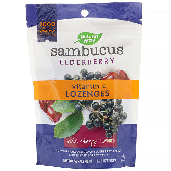 Nature's Way, Sambucus Elderberry, Vitamin C Lozenges, Wild Cherry Flavored, 24 Lozenges