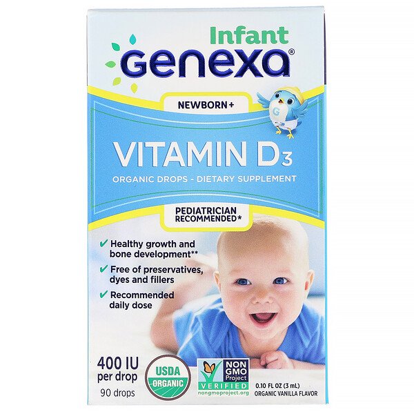 Genexa, Infant Vitamin D3, Newborn+, Organic Vanilla Flavor, 400 IU,  0.10 fl oz (3 ml)