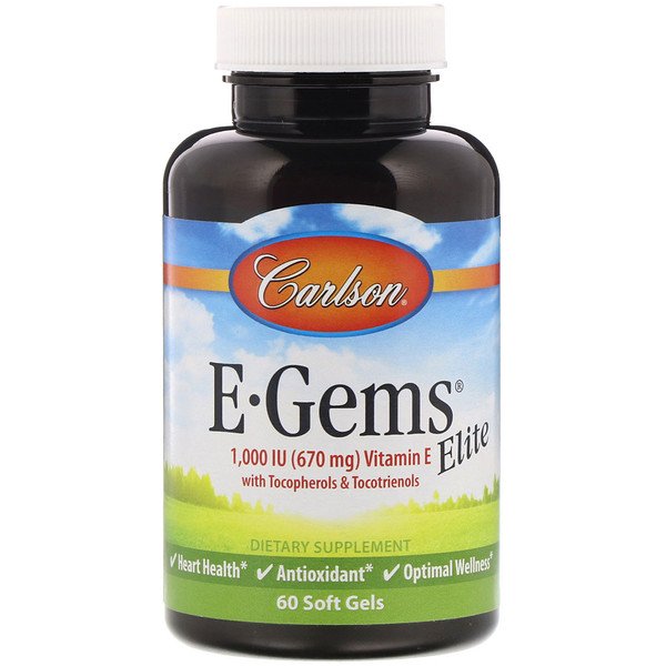 Carlson Labs, E-Gems Elite, Vitamin E with Tocopherols & Tocotrienols, 670 mg (1,000 IU), 60 Soft Gels