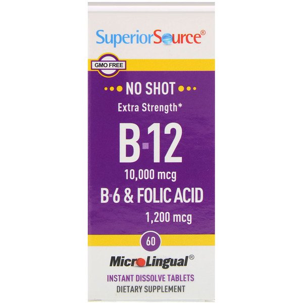 Superior Source, Extra Strength B-12, B-6 & Folic Acid, 10,000 mcg / 1,200 mcg, 60 MicroLingual Instant Dissolve Tablets