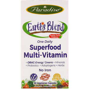 Paradise Herbs, Earth's Blend, One Daily Superfood Multi-Vitamin, No Iron, 30 Vegetarian Capsules