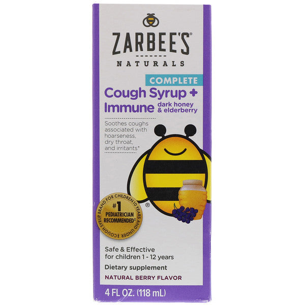 Zarbee's, Children's Complete, Cough Syrup + Immune, Dark Honey & Elderberry, Non-alcohol Formula, Natural Berry Flavor, 4 fl oz (118 ml)