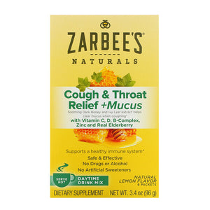 Zarbee's, Cough & Throat Relief + Mucus Daytime Drink Mix, Natural Lemon Flavor, 6 Packets, 3.4 oz (96 g)