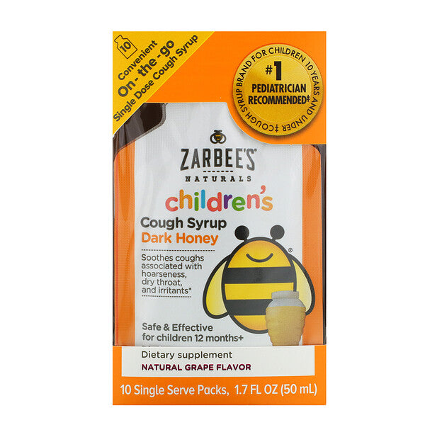 Zarbee's, Children's Cough Syrup, Dark Honey, On-the-Go, For Children 12 Months+, Natural Grape Flavor, 10 Single Serve Packs, 1.7 fl oz (50 ml)