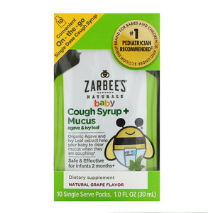 Zarbee's, Baby, Cough Syrup + Mucus with Organic Agave and Ivy Leaf, On-the-Go, Natural Grape Flavor, 10 Single Serve Packs, 1.0 fl oz (30 ml) Each