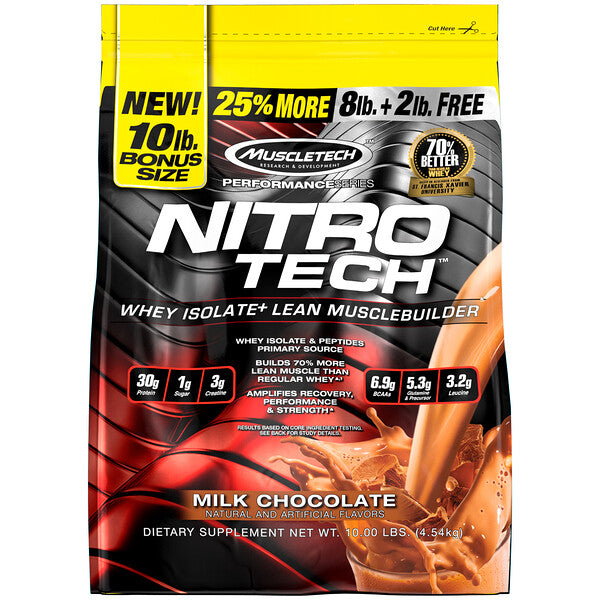 Muscletech, Nitro Tech, Whey Peptides & Isolate Lean Musclebuilder Whey Protein Powder, Milk Chocolate, 10 lbs (4.54 kg)