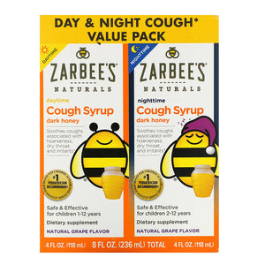 Zarbee's, Children's Cough Syrup, Dark Honey, Daytime & Nigh Cough Value Pack, Natural Grape Flavor, 4 fl oz (118 ml) Each