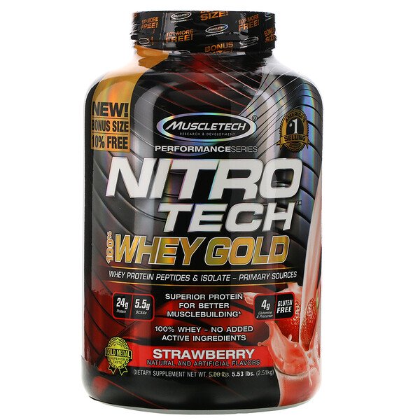 Muscletech, Nitro Tech 100% Whey Gold, Strawberry, 5.53 lbs (2.51 kg)