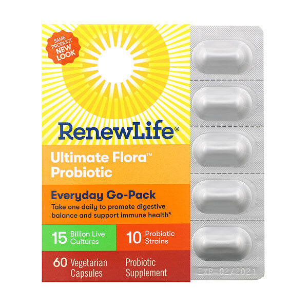 Renew Life, Everyday Go-Pack, Ultimate Flora Probiotic, 15 Billion Live Cultures, 60 Vegetarian Capsules