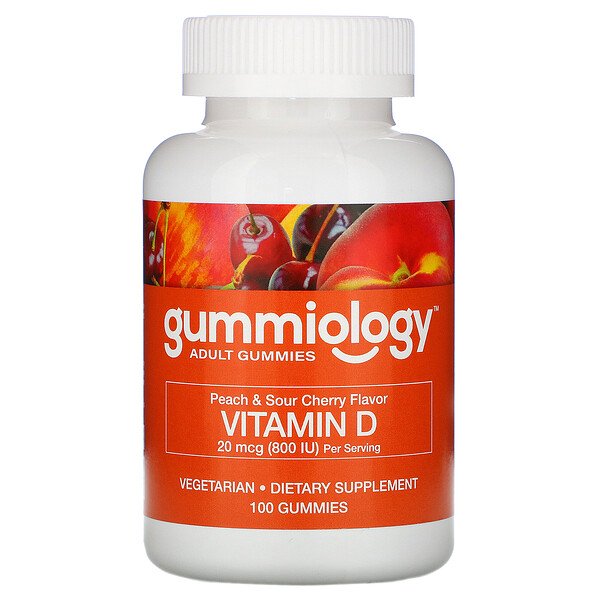 Gummiology, Adult Vitamin D3 Gummies, Natural Peach & Sour Cherry Flavors, 100 Vegetarian Gummies