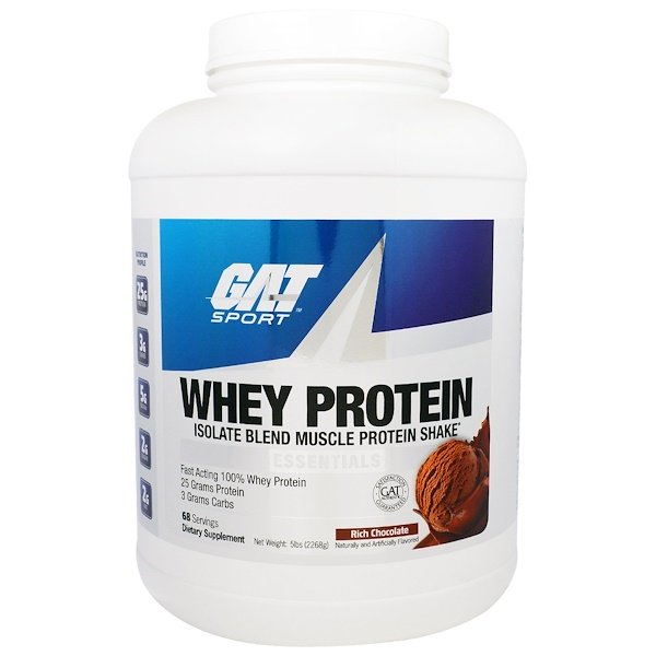 GAT, Whey Protein, Isolate Blend Muscle Protein Shake, Essentials, Rich Chocolate, 5 lbs (2268 g)