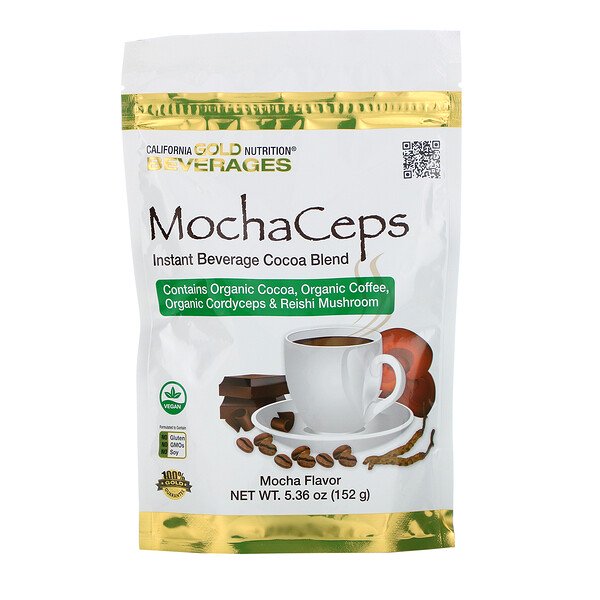 California Gold Nutrition, MochaCeps, Mocha Flavor Instant Beverage with Organic Cocoa, Coffee, Cordyceps and Reishi Mushroom, 5.36 oz (152 g)