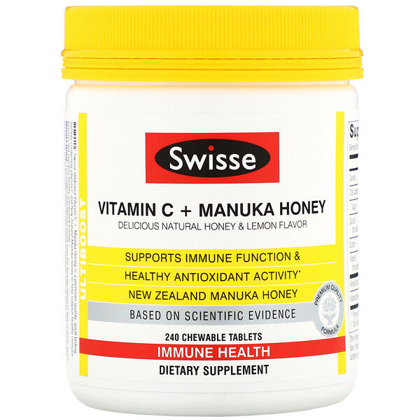 Swisse, Ultiboost, Vitamin C + Manuka Honey, Delicious Natural Honey & Lemon Flavor, 240 Chewable Tablets