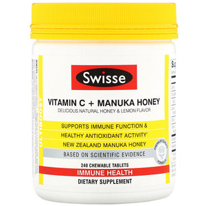 Swisse, Ultiboost, Vitamin C + Manuka Honey, Delicious Natural Honey & Lemon Flavor, 240 Chewable Tablets