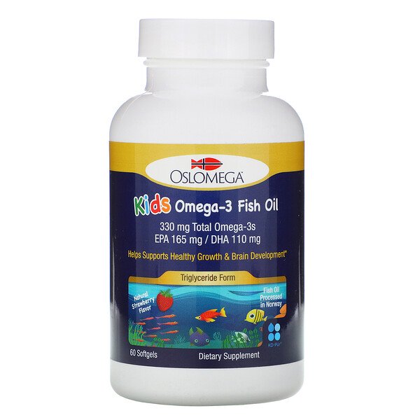 Oslomega, Norwegian Kids Omega-3 Fish Oil, Natural Strawberry Flavor, 60 Fish Gelatin Softgels