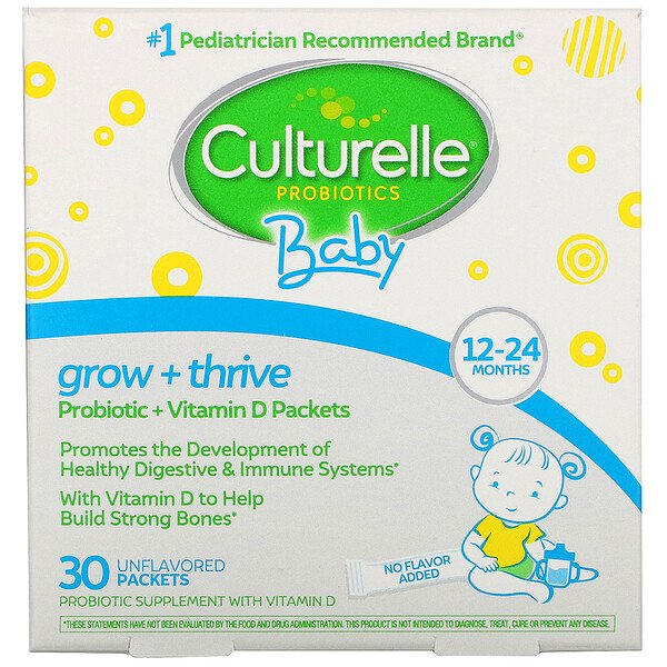 Culturelle, Probiotics, Baby, Grow + Thrive, Probiotics + Vitamin D Packets, 12-24 Months, Unflavored, 30 Single Serve Packets