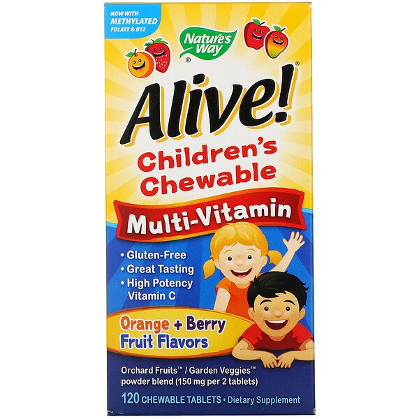 Nature's Way, Alive! Children's Chewable Multi-Vitamin, Orange + Berry Fruit Flavors, 120 Chewable Tablets