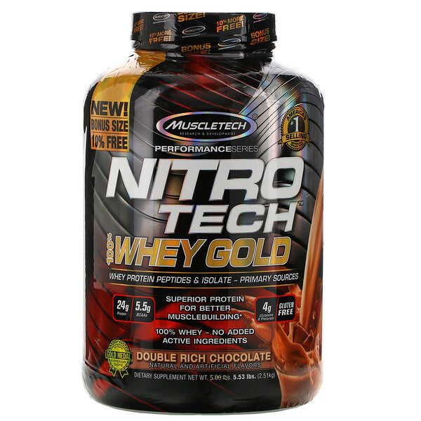 Muscletech, Nitro Tech, 100% Whey Gold, Whey Protein Powder, Double Rich Chocolate, 5.53 lbs (2.51 kg)