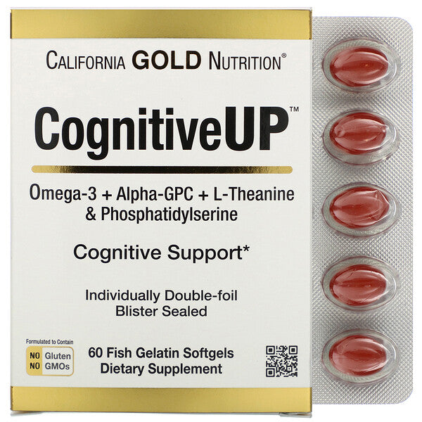 California Gold Nutrition, CognitiveUP, Omega 3, Alpha-GPC,Theanine and PS, 60 Fish Gelatin Softgels