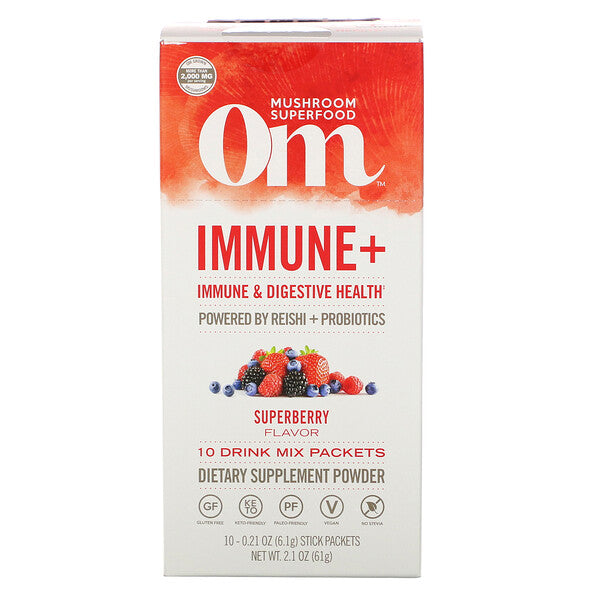 Om Mushrooms, Immune+, Immune & Digestive Health, Superberry, 10 Packets, 0.21 oz (6.1 g) Each