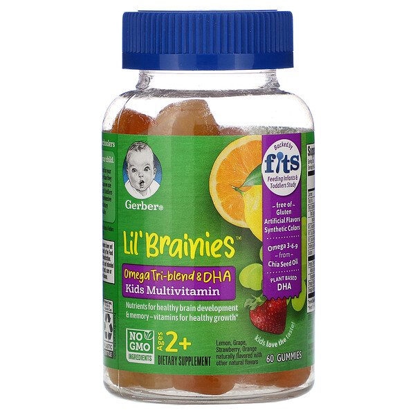 Gerber, Lil Brainies, Omega Tri-Blend & DHA, Kids Multivitamin, Ages 2+, 60 Gummies