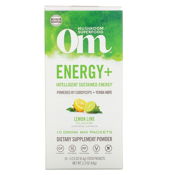 Om Mushrooms, Energy+, Powered by Cordyceps + Yerba Mate, Lemon Lime, 10 Packets, 0.23 oz (6.4 g) Each