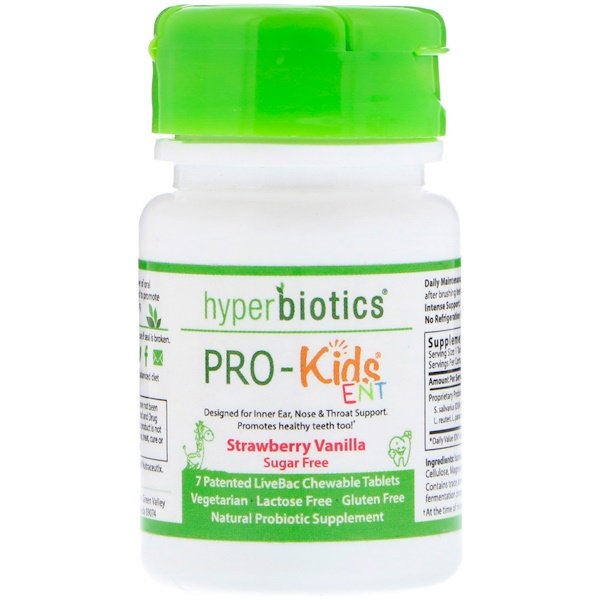 Hyperbiotics, PRO-Kids ENT, Sugar Free, Strawberry Vanilla, 7 Patented LiveBac Chewable Tablets