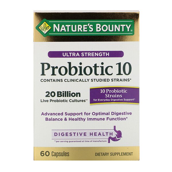 Nature's Bounty, Ultra Strength Probiotic 10, 20 Billion Live Cultures, 60 Capsules