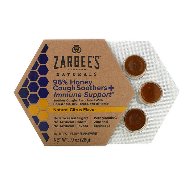 Zarbee's, 96% Honey Cough Soothers + Immune Support, Natural Citrus Flavor, 14 Pieces