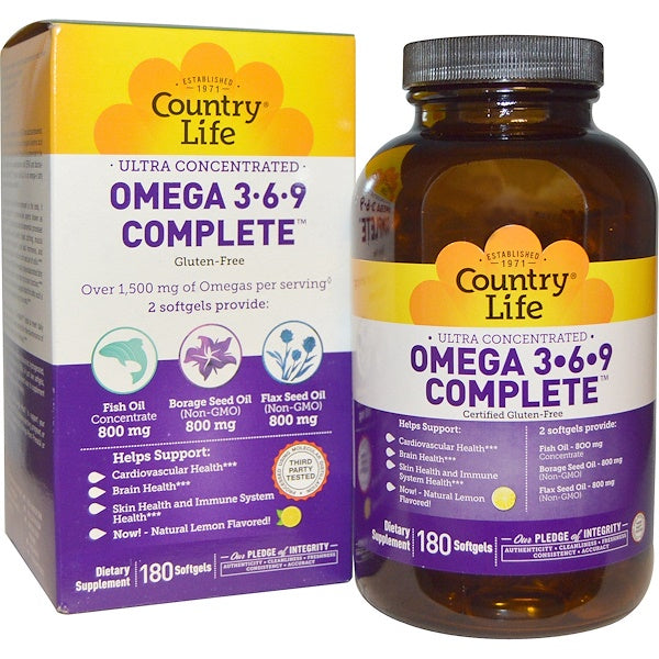 Country Life, Ultra Concentrated Omega 3-6-9 Complete, Natural Lemon, 180 Softgels