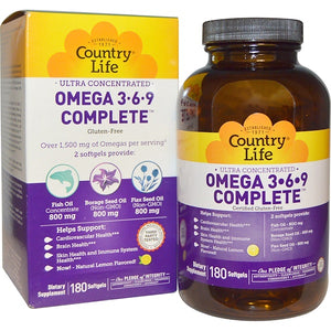 Country Life, Ultra Concentrated Omega 3-6-9 Complete, Natural Lemon, 180 Softgels