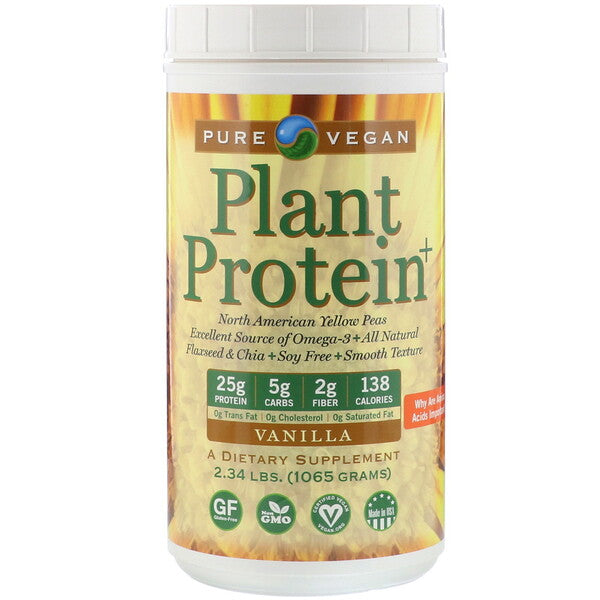 Pure Vegan, Plant Protein+, Vanilla, 2.34 lbs (1065 g)