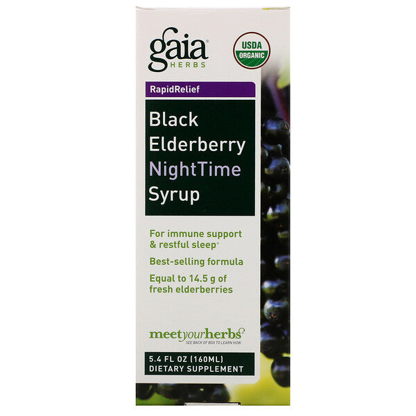 Gaia Herbs, Rapid Relief, Black Elderberry NightTime Syrup, 5.4 fl oz (160 ml)