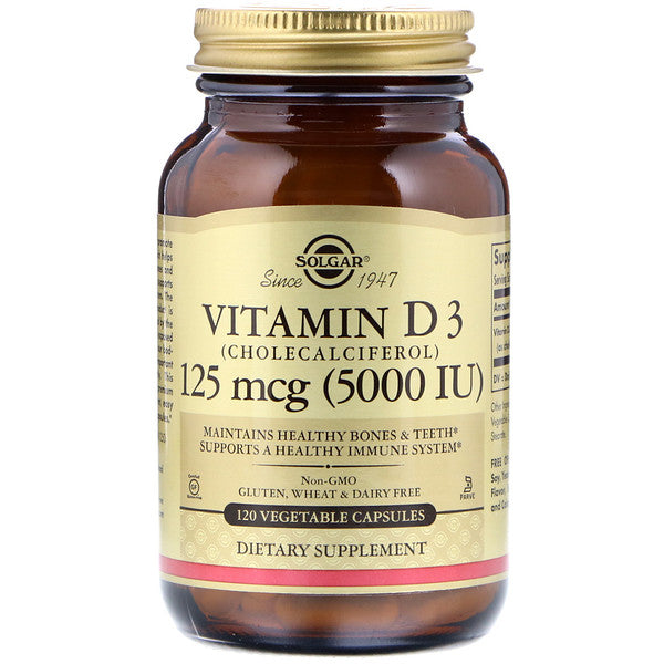 Solgar, Vitamin D3 (Cholecalciferol), 125 mcg (5000 IU), 120 Vegetable Capsules