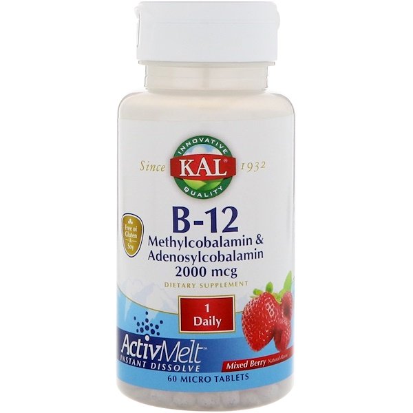 KAL, B-12 Methylcobalamin & Adenosylcobalamin, Mixed Berry, 2,000 mcg, 60 Micro Tablets