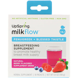 UpSpring, Milkflow, Fenugreek + Blessed Thistle Supplement Drink, Natural Berry Flavor, 18 Packets, 0.35 oz (10 g) Each