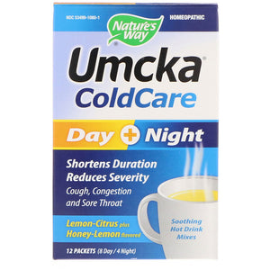 Nature's Way, Umcka, Cold Care, Day + Night, Lemon-Citrus Plus Honey-Lemon Flavors, 12 Packets (8 Day / 4 Night)