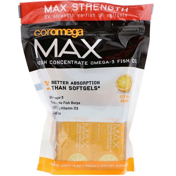 Coromega, Max, High Concentrate Omega-3 Fish Oil, Citrus Burst, 60 Squeeze Shots, (2.5 g) Each