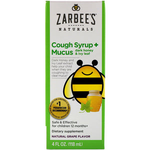 Zarbee's, Children's Cough Syrup + Mucus, Dark Honey & Ivy Leaf, For Children 12 Months+, Natural Grape Flavor, 4 fl oz (118 ml)