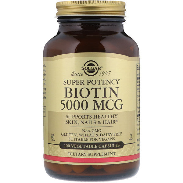 Solgar, Biotin, 5,000 mcg, 100 Vegetable Capsules