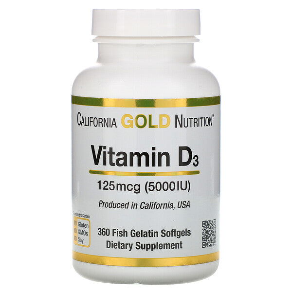 California Gold Nutrition, Vitamin D3, 125 mcg (5,000 IU), 360 Fish Gelatin Softgels