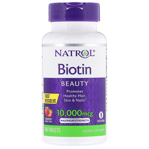 Natrol, Biotin, Maximum Strength, Strawberry, 10,000 mcg, 60 Tablets