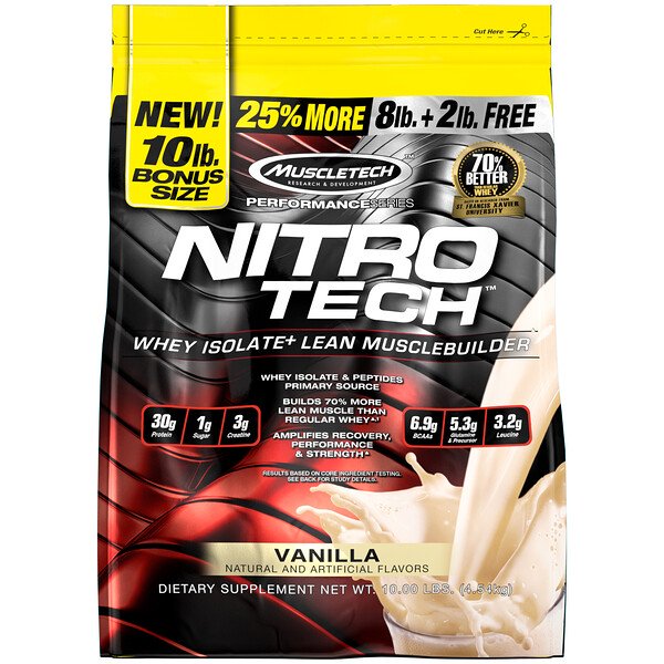 Muscletech, Nitro Tech, Whey Isolate + Lean Musclebuilder, Vanilla, 10 lbs (4.54 kg)