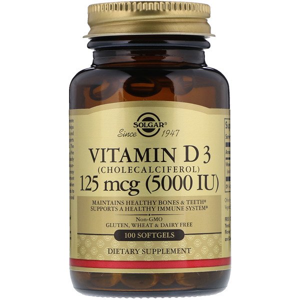 Solgar, Vitamin D3 (Cholecalciferol), 125 mcg (5,000 IU), 100 Softgels