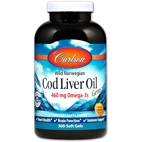 Carlson Labs, Wild Norwegian, Cod Liver Oil Gems, Natural Lemon Flavor, 300 Soft Gels