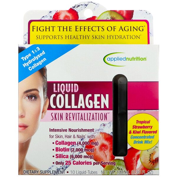 appliednutrition, Liquid Collagen, Skin Revitalization, Tropical Strawberry & Kiwi Flavored, 10 Liquid-Tubes, 10 ml Each